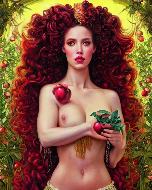 Image similar to portrait of glamor greek persephone | pomegranate | curly hair | orchard background | highly detailed | very intricate | professional model | cinematic lighting | painted by donato giancola and mandy jurgens and charlie bowater | bold colors, artdeco, art deco outrun anime aesthestic, 8 0's nostalgia | featured on artstation