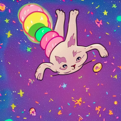 Image similar to cat with a pop sprinkle doughnut body flying though space shooting rainbows