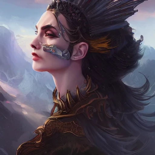 Image similar to A stunning comic book style portrait painting of a dragon goddess, wide view, in the style of WLOP, 8k masterpiece, cinematic lighting, pristine and clean design, high fantasy, insanely detailed, atmospheric,