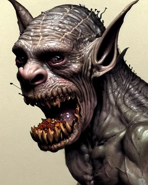 Image similar to closeup profile face portrait of a medieval goblin eating cakes in the cloisters, beautiful face, hyper realistic, highly detailed, digital painting, artstation, illustration, concept art by hyung tae, frank frazetta, bosch, giger, digital paint, matte paint, washed colors, dark, gloomy, detailed and intricate environment