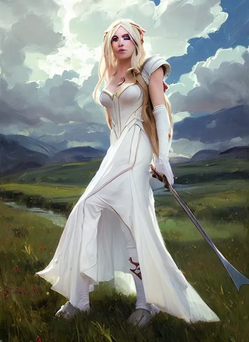 Image similar to portrait of Syndra from League of Legends in white dress, countryside, calm, fantasy character portrait, dynamic pose, above view, sunny day, thunder clouds in the sky, artwork by Jeremy Lipkin and Giuseppe Dangelico Pino and Michael Garmash and Rob Rey, very coherent asymmetrical artwork, sharp edges, perfect face, simple form, 100mm