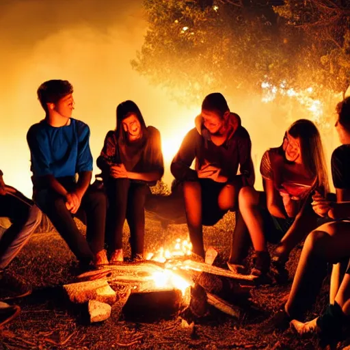 Image similar to group of teenagers sitting around a campfire, realistic, night