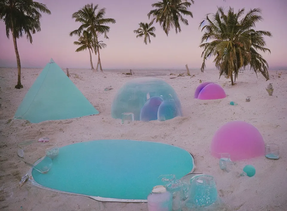 Prompt: a pastel coloured vintage family holiday photo of an empty beach from an alien dreamstate world with chalky pink iridescent!! sand, reflective lavender ocean water, dim bioluminescent plant life and an igloo shaped plastic transparent bell tent surrounded by holiday clutter opposite a pit with an iridescent blue flame flickering. glare. refraction, volumetric light.