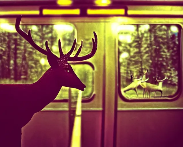 Prompt: a lomography photo of rumble between two humanoid deer in soviet train this morning, bokeh,