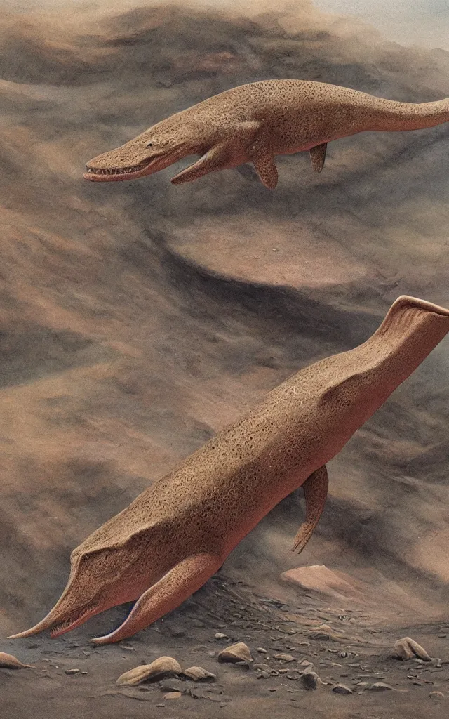 Image similar to a tiktaalik returning from the surface earth crust, realistic paleoart, masterpiece album cover