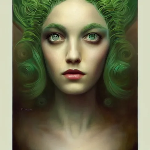 Prompt: a painting of a woman with green eyes, a surrealist painting by Tom Bagshaw, featured on cgsociety, pop surrealism, surrealist, wiccan, pre-raphaelite