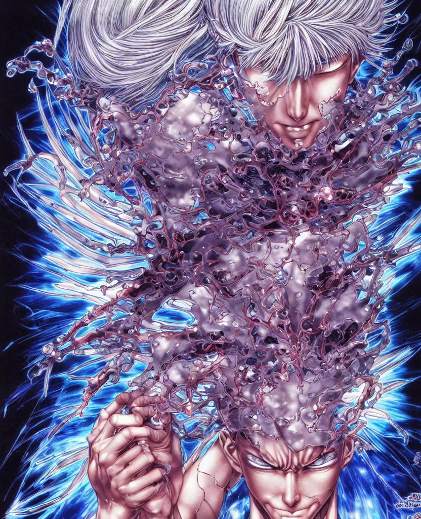 Image similar to symmetrical. realistic detailed image of ultra mega rainbow, realistic detailed male character, kaworu nagisa, depth perception, masterpiece, depth of field, action horror, gothic, vivid colors. art by yoshitaka amano, by yukito kishiro, by yoshiyuki sadamoto, by artgerm, by hajime sorayama