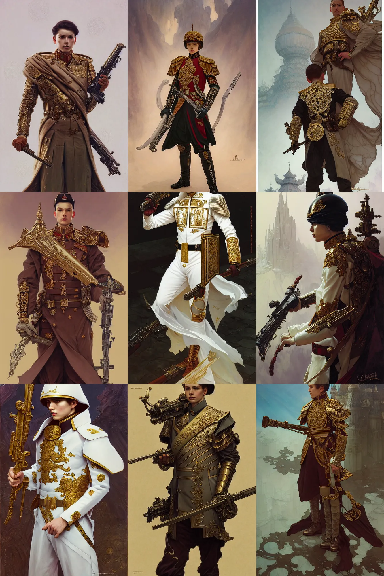 Prompt: young male imperial guard, white russian clothes, fantasy, highly detailed, intricate, smooth, art by joseph leyendecker, peter mohrbacher, ruan jia, marc simonetti, ayami kojima, cedric peyravernay, alphonse mucha, victo ngai