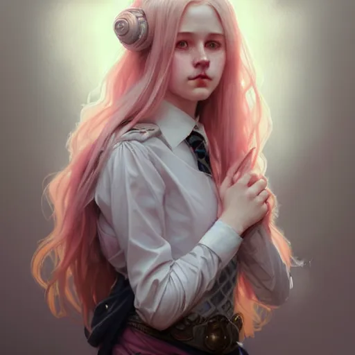 Image similar to portrait of a scottish teenage girl with pinkish grayblonde hair, glowing skin, awkward, nerdy, fantasy, intricate, elegant, dress shirt, highly detailed, digital painting, artstation, concept art, smooth, sharp focus, illustration, art by Krenz Cushart and Artem Demura and alphonse mucha