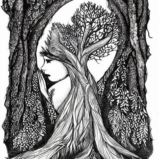 Prompt: goddess of the forest, ink drawing, black ink illustration, by a very talented artist, award winning, intricate detail, stunning, gorgeous mysterious, poetic, nostalgic