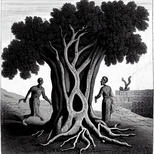 Image similar to at one end of a tomb, its curious roots displacing the time - stained blocks of pentelic marble, grows an unnaturally large olive tree of oddly repellent shape ; so like to some grotesque man, or death - distorted body of a man