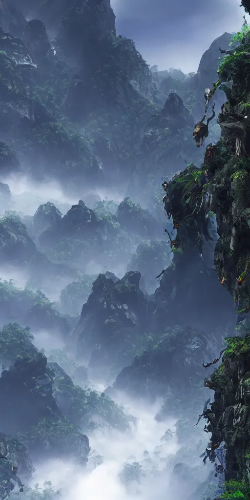 Prompt: a side of a very tall mountains covered in foliage , James Cameron avatar style, cinematic, atmospheric, featured on artstation, ultra detailed