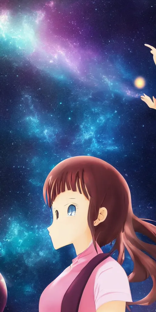 Image similar to anime girl in space staring at a nebula exploding in the distance, close-up side-view face shot