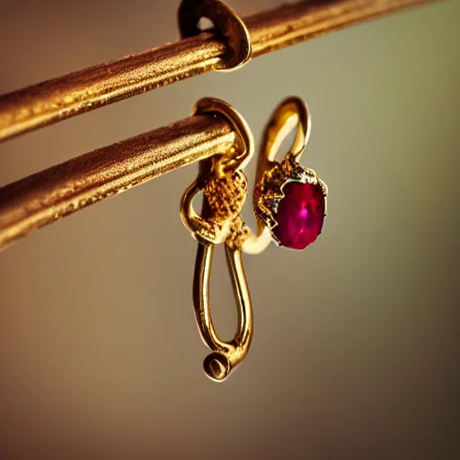 Image similar to macro shot of an intricately detailed golden hanger with an embedded ruby gem, lying on a oak table indoors, sunlit day, f 1. 4