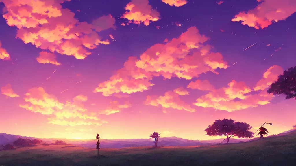 Image similar to a chocolate bar sat on the hillside and looked sky, dusk sky, beautiful sunset glow, large clouds, rich vivid colors, ambient lighting, dynamic lighting, official media, anime key visual, detailed, artwork by makoto shinkai, rossdraws.