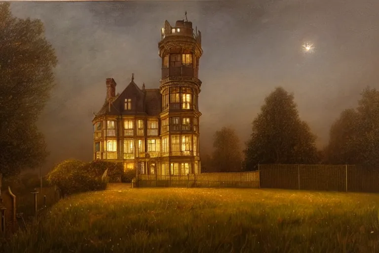 Prompt: a beautiful hyperrealistic painting of a british victorian house with a tower at night, very detailed by andrea kowch and samuel and joseph newsom