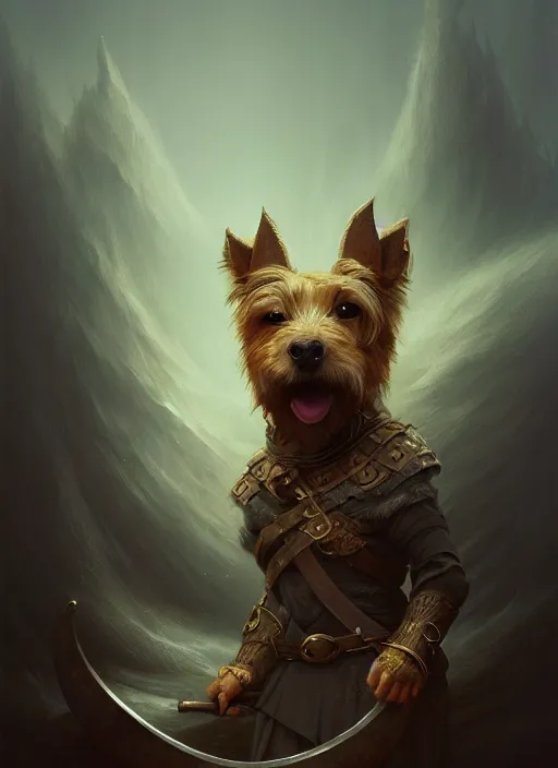 Image similar to norwich terrier as an viking, backround dark, highly detailed, digital illustration, trending in artstation, modern painting, smooth, sharp focus, intricate, by peter mohrbacher