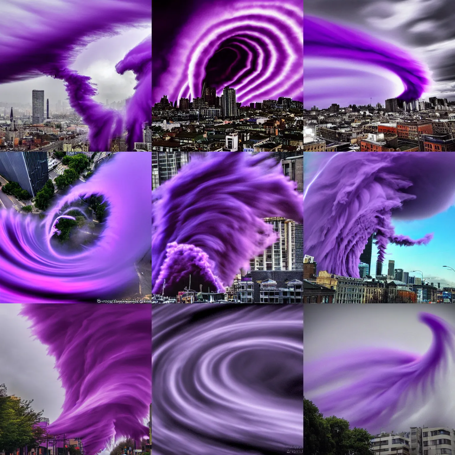 Prompt: beautiful purple tornado wreaking havoc in a city