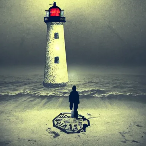 Image similar to lighthouse in the middle of the ocean, covered in silent hill style sigils, horror, person standing with a lantern centered in the foreground, spooky, scary