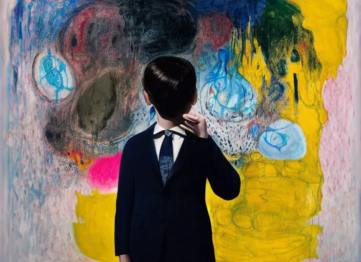 Image similar to portrait of a child wearing a suit, vincent lefevre and hernan bas and pat steir and hilma af klint, psychological, photorealistic, dripping paint, washy brush, rendered in octane, altermodern, masterpiece