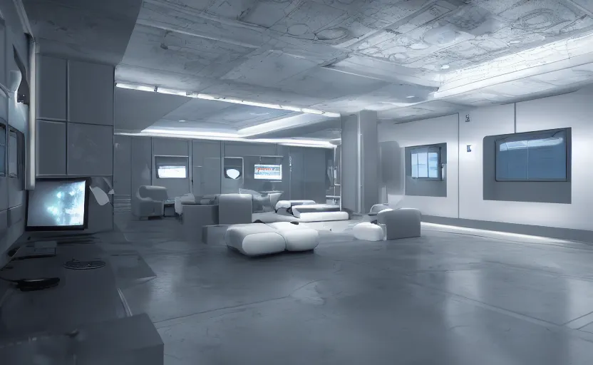 Image similar to space room with computer interfaces on the floor, ceiling and walls, dimly illuminated by led lights, octane render, ray - tracing, 4 k, 3 3 mm