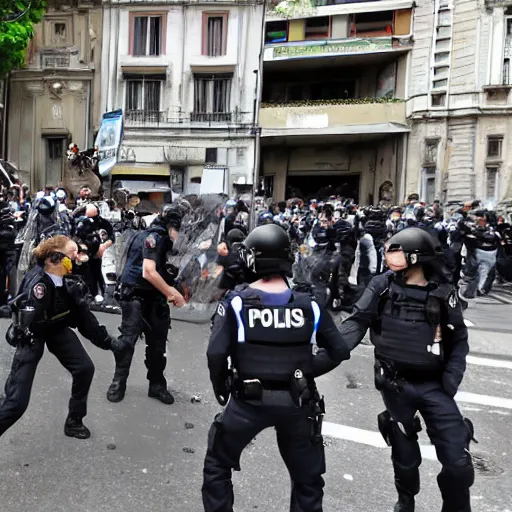 Prompt: Genova G8 protesters with plexiglass walls policemans fighting with young hippies 4k quality