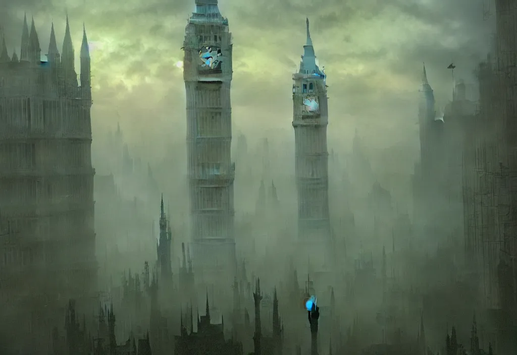 Prompt: london in green mist by carl gustav carus, clocktower, steampunk, tentacles, cthulhu, digital art, 4k, trending on artstation, highly detailed