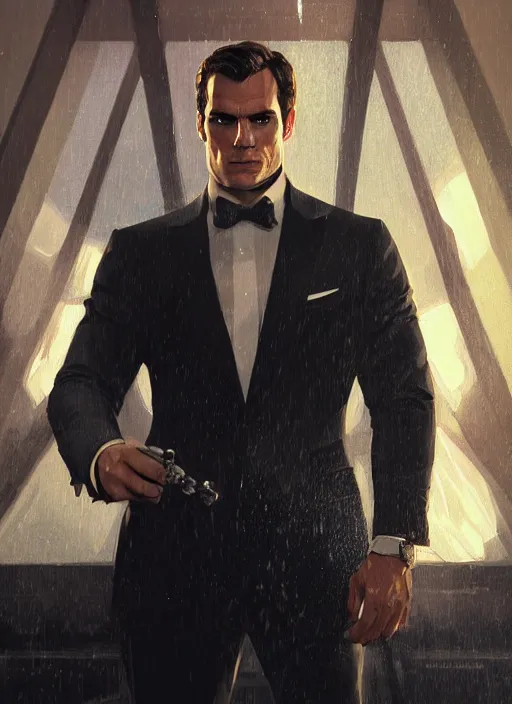 Prompt: portrait of henry cavill as james bond, casino, raining poker, key art, highly detailed, digital painting, artstation, concept art, cinematic lighting, sharp focus, illustration, art by artgerm and greg rutkowski and alphonse mucha