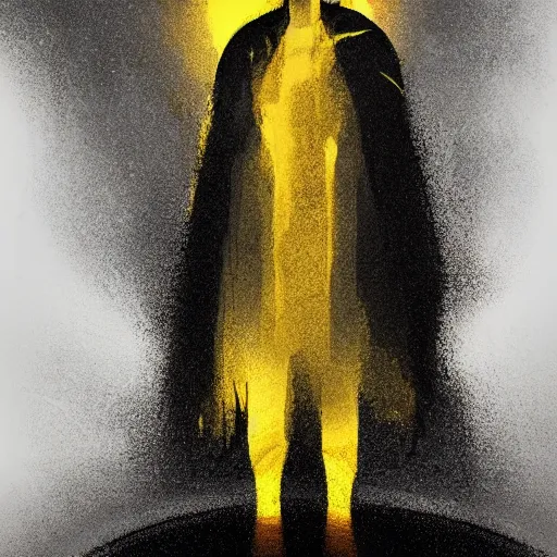 Image similar to award - winning. trending on artstation. 4 k. eerie tone. a figure wearing layered yellow robes standing in front of a black hole in space. dark background. in the style of cedric peyravernay. full - body