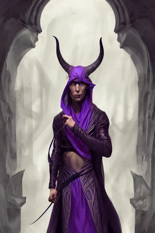 Prompt: djinn man male demon, warlock, portrait, concept art, purple cloak, single face, illustration, costume design, white spiral horns, editorial photo, fashion, hyperrealism, realism, trending on artstation, Charlie Bowater, WLOP