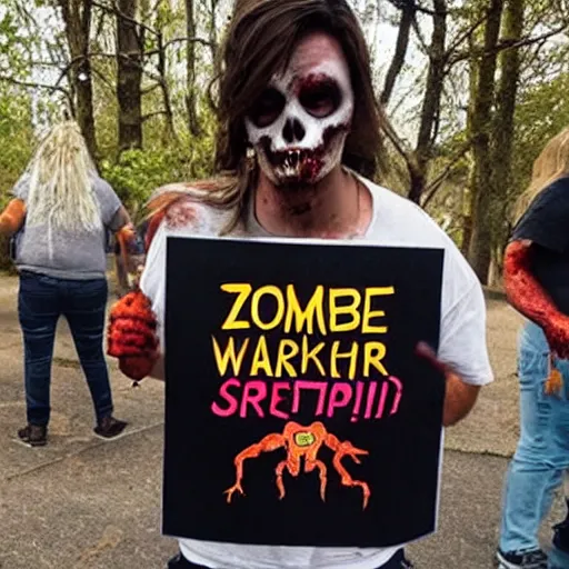 Image similar to zombie protestor sign art during the apocalypse