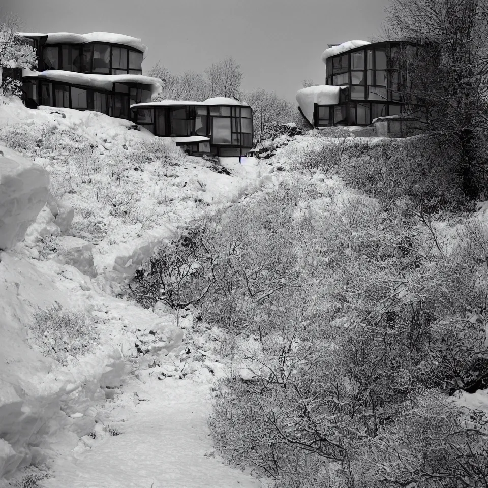 Image similar to a road leading to a mid-century modern house with large windows on top of a cliff in the arctic, covered with snow, designed by Frank Gehry. Big tiles. Film grain, cinematic, yellow hue