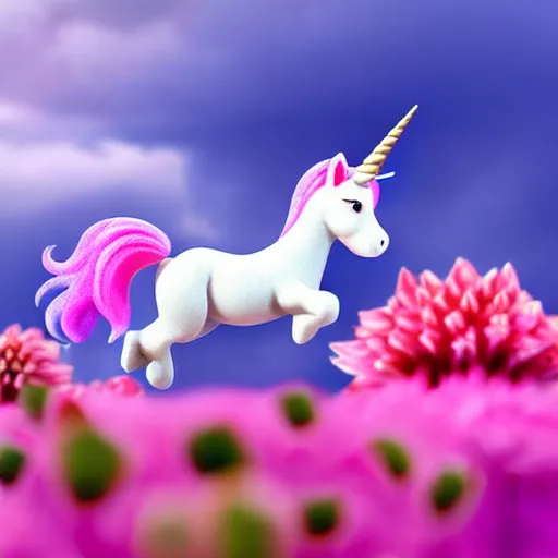 Prompt: very cute and tiny unicorn cat on Dahlia flower flying, pink cloudy in blue sky background, pixar style, cinematic lightning, award winning creature photography