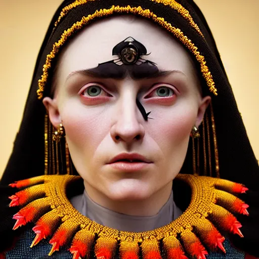 Image similar to Colour Caravaggio style Photography of Highly detailed beautiful Woman with 1000 years perfect face and wearing detailed Ukrainian folk costume designed by Taras Shevchenko also wearing highly detailed retrofuturistic sci-fi Tiara designed by Josan Gonzalez. Many details In style of Josan Gonzalez and Mike Winkelmann and andgreg rutkowski and alphonse muchaand and Caspar David Friedrich and Stephen Hickman and James Gurney and Hiromasa Ogura. Rendered in Blender and Octane Render volumetric natural light