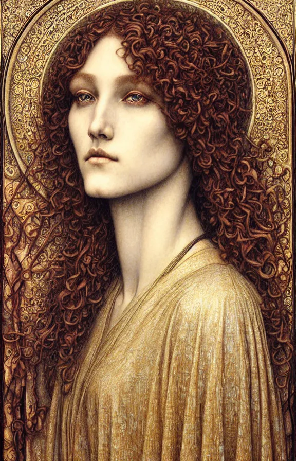 Image similar to detailed realistic beautiful young medieval queen face portrait by jean delville, gustave dore and marco mazzoni, art nouveau, symbolist, visionary, gothic, pre - raphaelite. horizontal symmetry