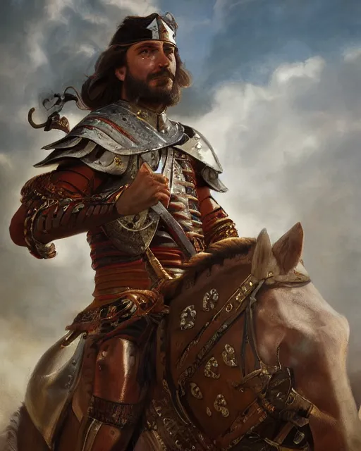 Prompt: portrait of a spanish conquistador in battle, by daniel zrom and quentin de warren, detailed, intricate, handsome, anatomy, sharp focus, 8 k, octane, cinematic lighting, facial features, clear face, realistic face, golden ratio