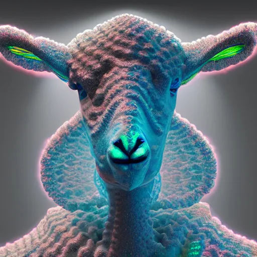 Image similar to a crystalline 3 d mandelbulb fractal in the shape of a lamb, bioluminescent opal, fractal, magnificent lighting, ethereal, ray tracing, octane, holographic, portrait