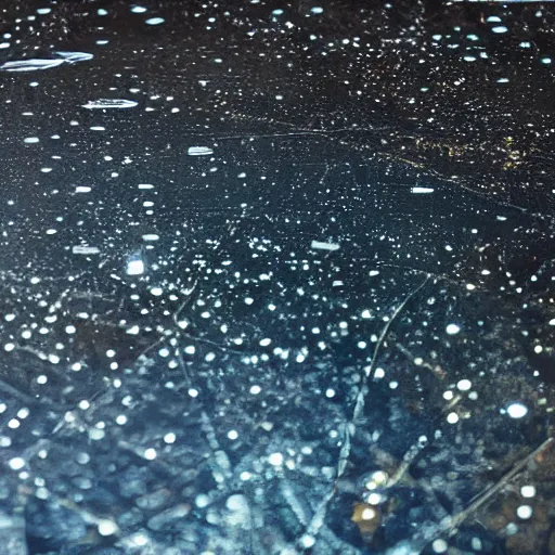 Image similar to close up of a puddle reflecting the night sky, complex, high detail