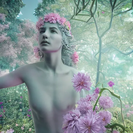 Image similar to an idealistic marble statue with flowery hair in a fractal garden, unreal engine, 8k render, beautiful, full frame,