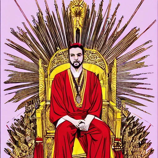 Image similar to modern self portrait of man sitting on throne, legs crossed, while holding a sword, white man, hispanic, brown hair, light skin, golden throne, sharp, marker, red robes, 8 k, hi - rez, clear, brown eyes, colored, green plants and golden background, sun in the sky, palace scenery, sharp, illustrated byyoji shinkawa