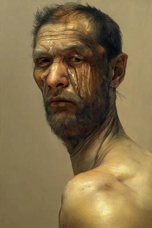 Prompt: beautiful clean oil painting biomechanical portrait of man face by huaishen j, wayne barlowe, freud lucian, rembrandt, complex, stunning, realistic, skin color