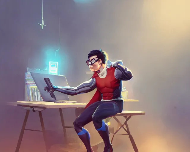 Image similar to an insanely detailed painting of a nerdy asian man wearing a superhero costume, sitting at a desk, staring at the nervously at the computer and typing, in the style of peter mohrbacher, dramatic lighting and composition, octane render, pixar, trending on artstation, concept art, comic book, view from behind