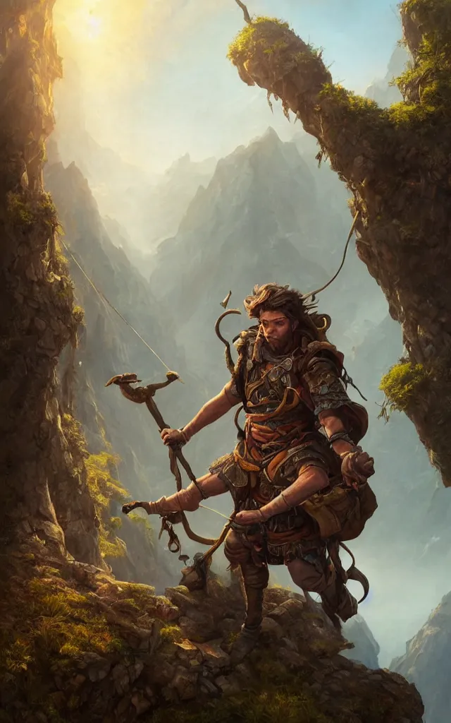 Prompt: an oil art close - up portrait painting of young handsome fool adventurer with adventurer hiking backpack, grim gwent card, gipsy mage adventurer character design from inquisition, climbing up a cliffside, 4 k, ultra detail, volumetric lighting, unreal engine, octane render, by tom bagshaw, andreas rocha, karol bak, artgerm