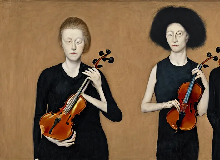 Image similar to portrait of two young violin players getting ready to perform looking, half figure front, francis bacon and pat steir and hilma af klint and james jean and vincent lefevre, psychological, photorealistic, symmetrical faces, intriguing eyes, rendered in octane, altermodern, masterpiece