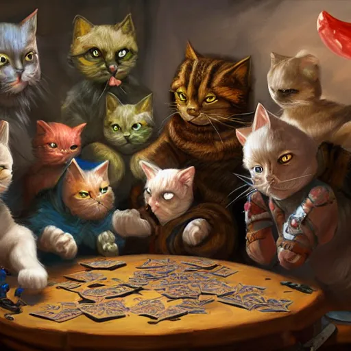 Prompt: party of cats playing dungeons and dragons, oil on canvas, surrealism, highly detailed, masterpiece, award - winning, artstationhd