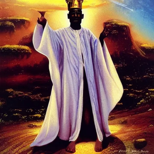 Prompt: an african moor wearing a white robe and golden crown in the realm of lost souls by karel thole and zdislaw beksinki and thomas kinkade, artgerm. oil on canvas