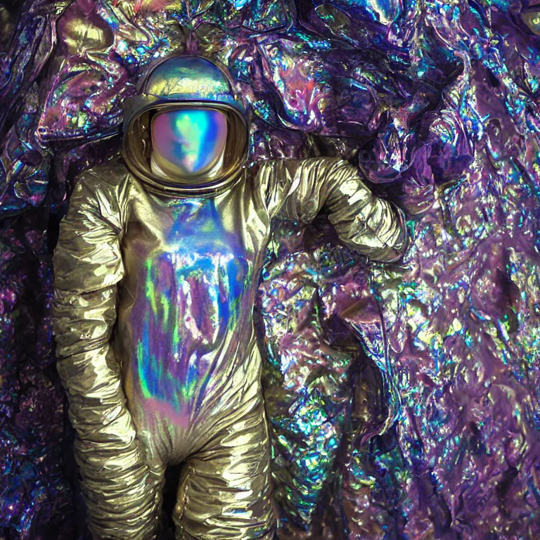 Image similar to octane render portrait by wayne barlow and carlo crivelli and glenn fabry, subject is a woman covered in tie - dye aluminum foil space suit with a iridescent metallic space helmet, inside a dark gothic rococo palace, cinema 4 d, ray traced lighting, very short depth of field, bokeh