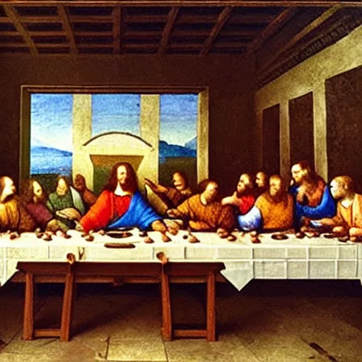 Prompt: foxes in the last supper painting by leonardo da vinci. dramatic lighting, award winning