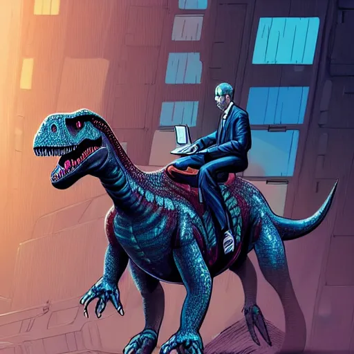 Image similar to detailed intricate colour illustration of a businessman riding a dinosaur, cyberpunk, sci-fi, concept art