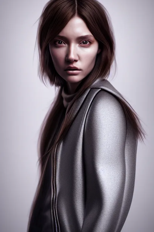 Prompt: hyperdetailed very close portrait of a model, beautiful young female with brown hair and grey eyes, in a tight jacket, volumetric light, by rossdraws and alexander mcqueen, rim light, octane render, 8 k